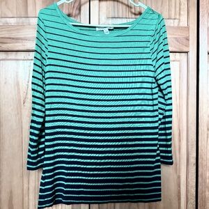 Vintage Susan Bristol Boat-Neck Striped Top Green & Navy 3/4 Sleeve Size L